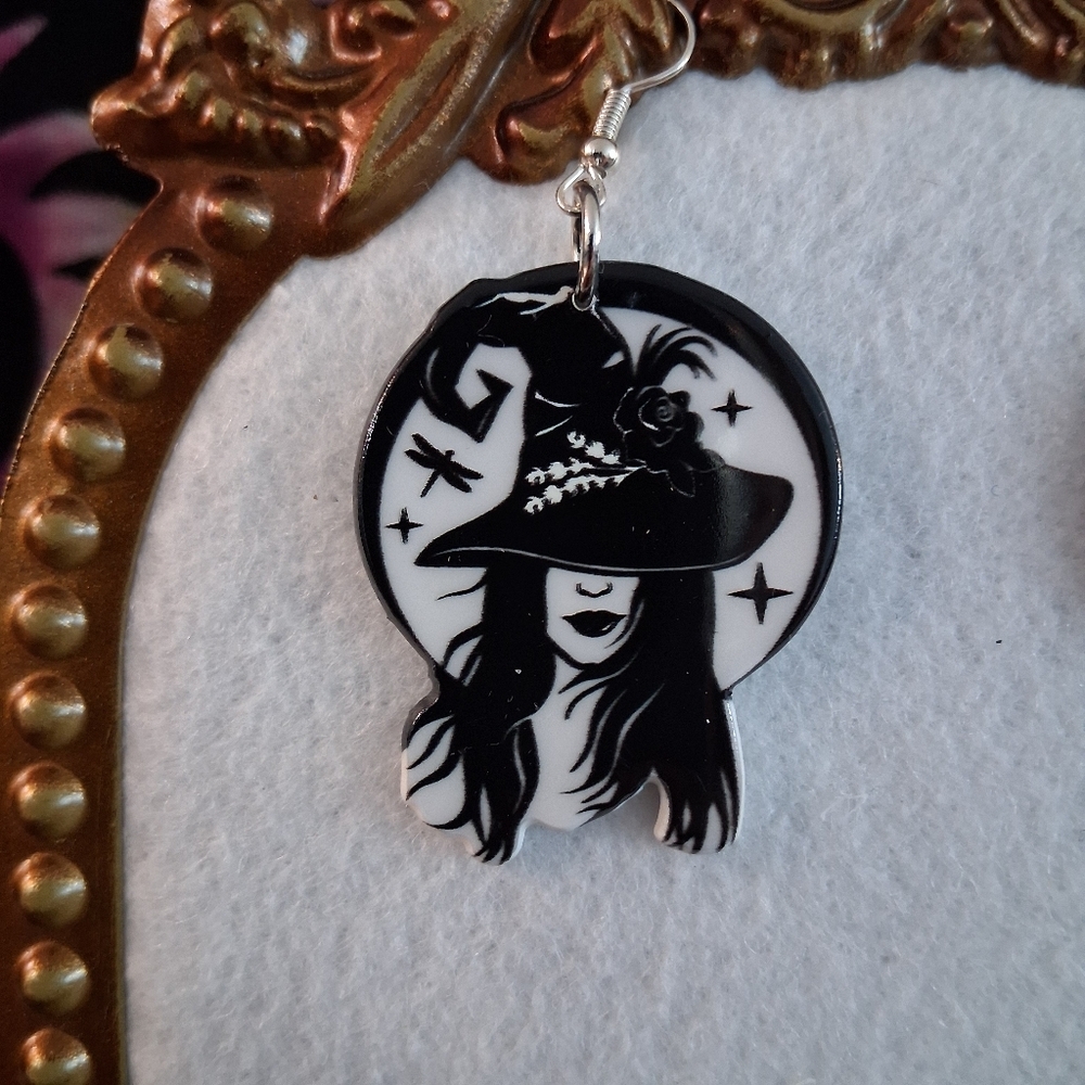 Witchy Woman Earrings Witch Hat Black & White French Hooks - Picture 4 of 11